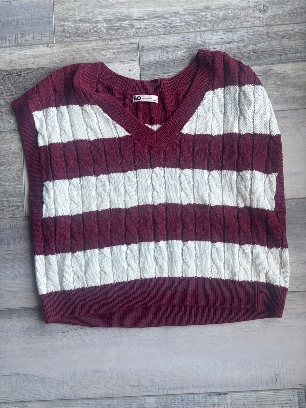 SO Burgundy and White Striped Cable-Knit V-Neck Sweater Vest